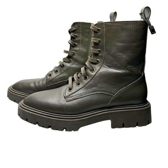ZARA FAUX LEATHER LACE-UP FLAT ANKLE COMBAT BOOTS IN MUTED OLIVE GREEN - 39 (9) - Picture 1 of 11